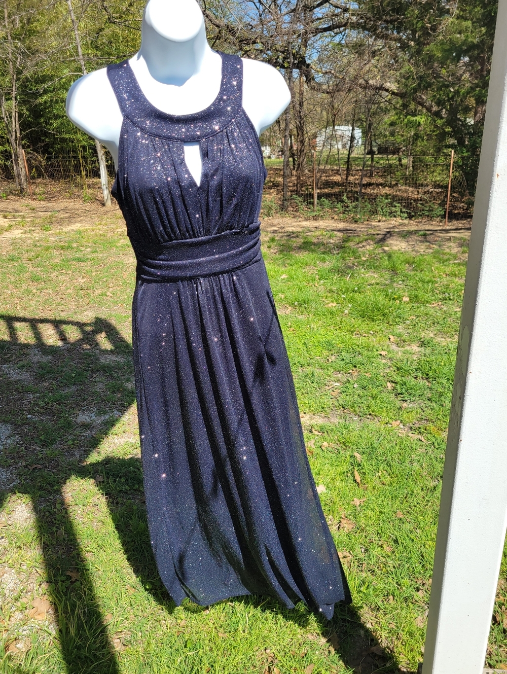 Enfocus Sparkle Halter Maxi Navy Blue Dress with Silver Lurex Petite Size 4P